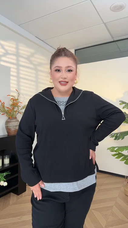 AHLIMA大码女装2025推荐款拉链女春秋宽松型翻领T恤假两件风秋冬