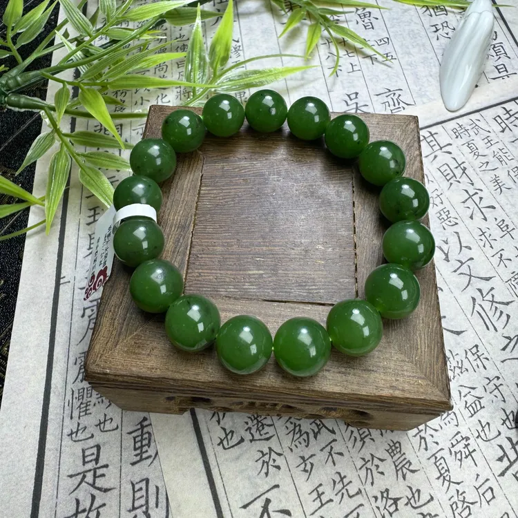 和田玉老料菠菜绿手串卡12mm（多样性发货发一）
