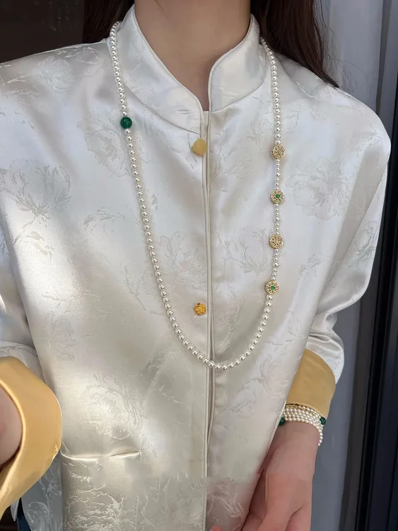 铜合金项链 新中式复古珍珠项链女长款中国风2025新款爆款毛衣链 
