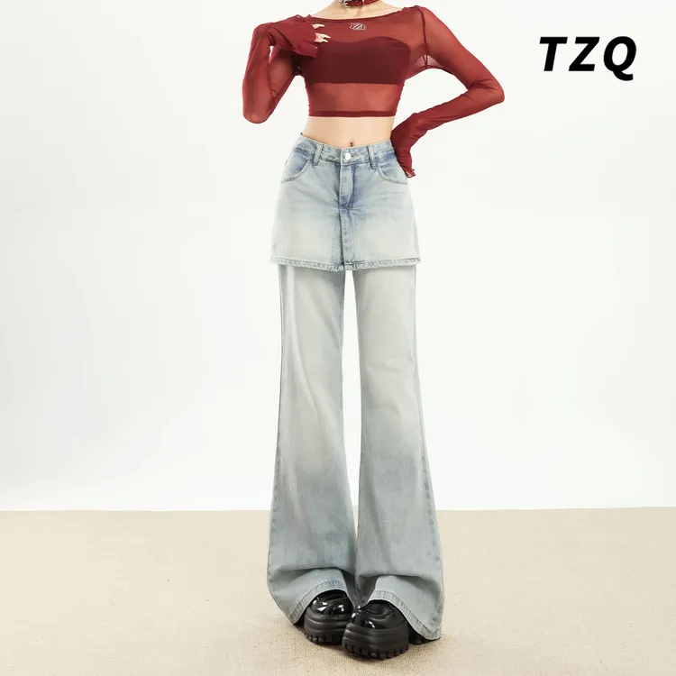 设计感假两件微喇牛仔裤女2025春秋新款高腰显瘦裤子TZQ120811