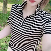 B71夏秋新款立领短袖条纹t恤女宽松显瘦百搭条纹拉链休闲上衣潮T