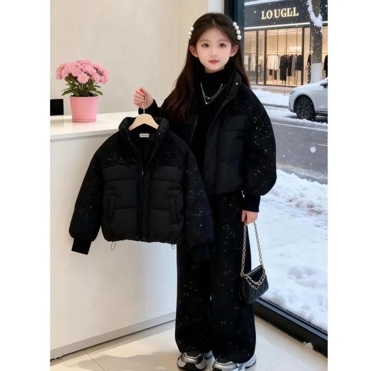 女童满天星棉衣套装2025秋冬新款中大童潮酷棉服外套闪亮阔腿裤潮