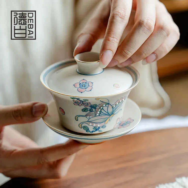 德白糯米釉纯手绘彩蝶三才盖碗茶杯陶瓷家用泡茶碗不烫手功夫茶具