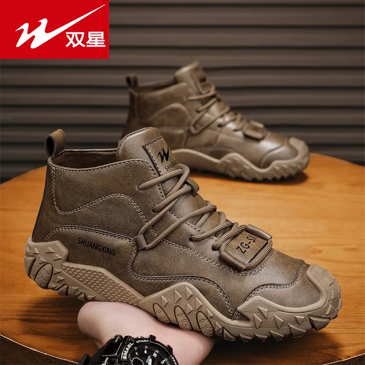 双星高帮鞋子秋季新款皮面运动鞋百搭爆款户外马丁靴增高男开车鞋