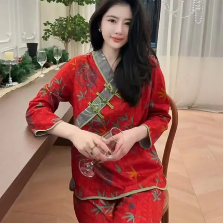 新中式上衣女中国风睡衣复古网红家居服套装