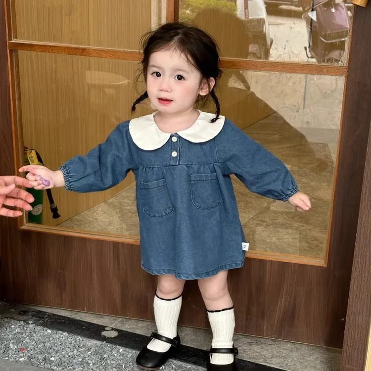 女宝宝可爱娃娃领长袖柔软牛仔连衣裙春秋款女童韩版洋气公主裙子