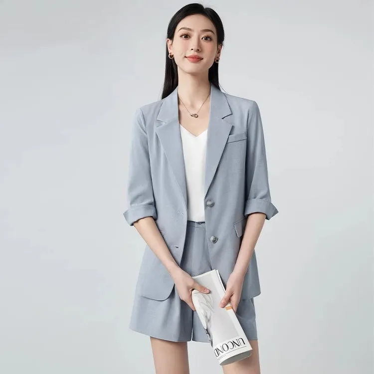 蓝色西装套装女休闲宽松短裤职业套装七分袖薄款2025夏季新款正装