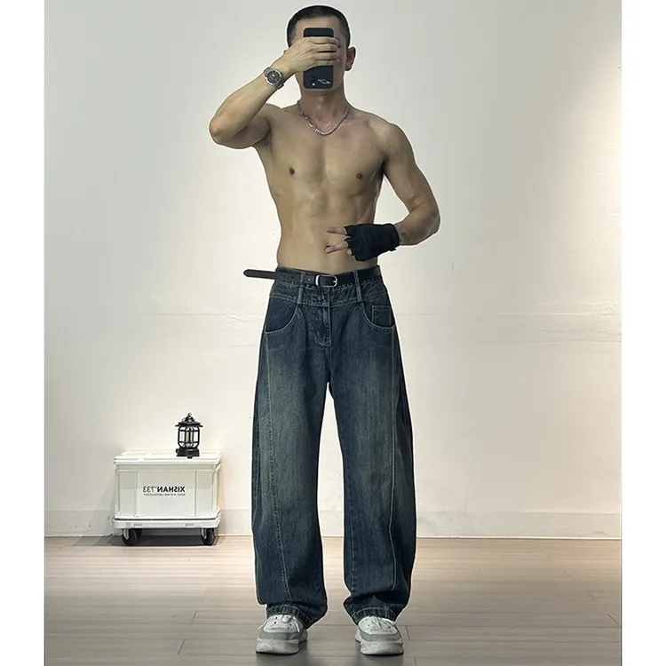美式潮牌个性双腰头设计几何剪裁弯刀牛仔裤男女宽松阔腿裤镰刀裤