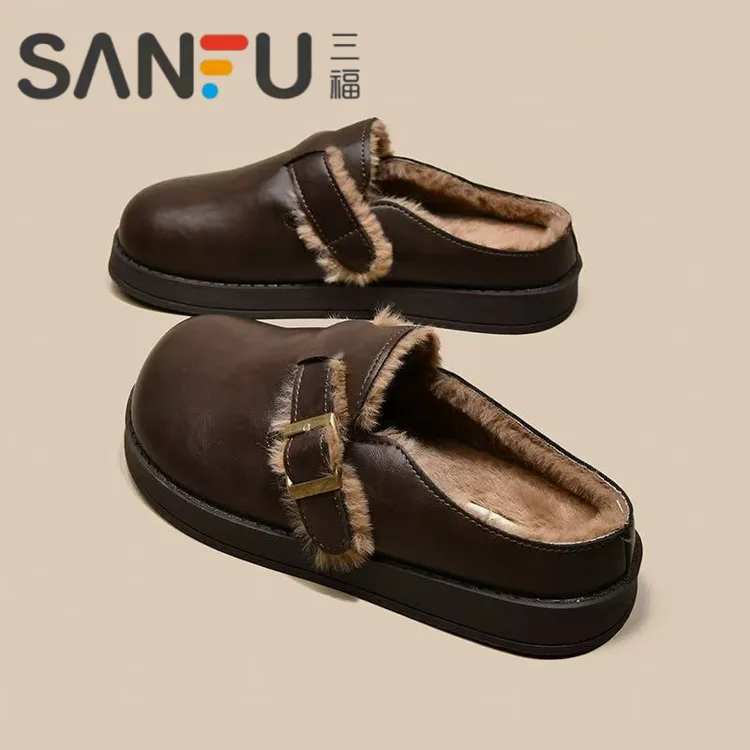 三福厚底皮面勃肯鞋女毛毛拖鞋秋冬一脚蹬包头半拖鞋加绒保暖棉拖