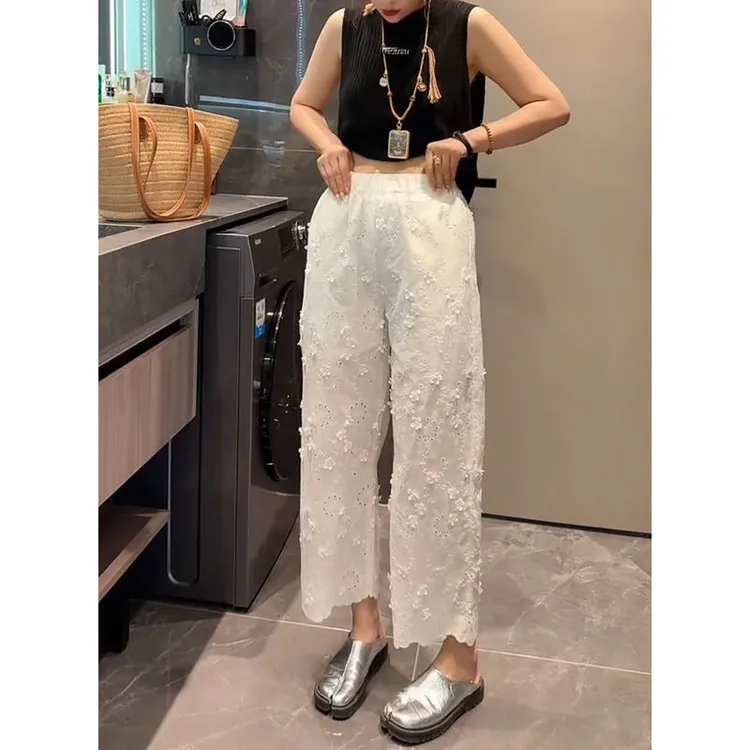 夏季高腰九分裤梨形身材显瘦直筒裤白色薄款镂空休闲裤子