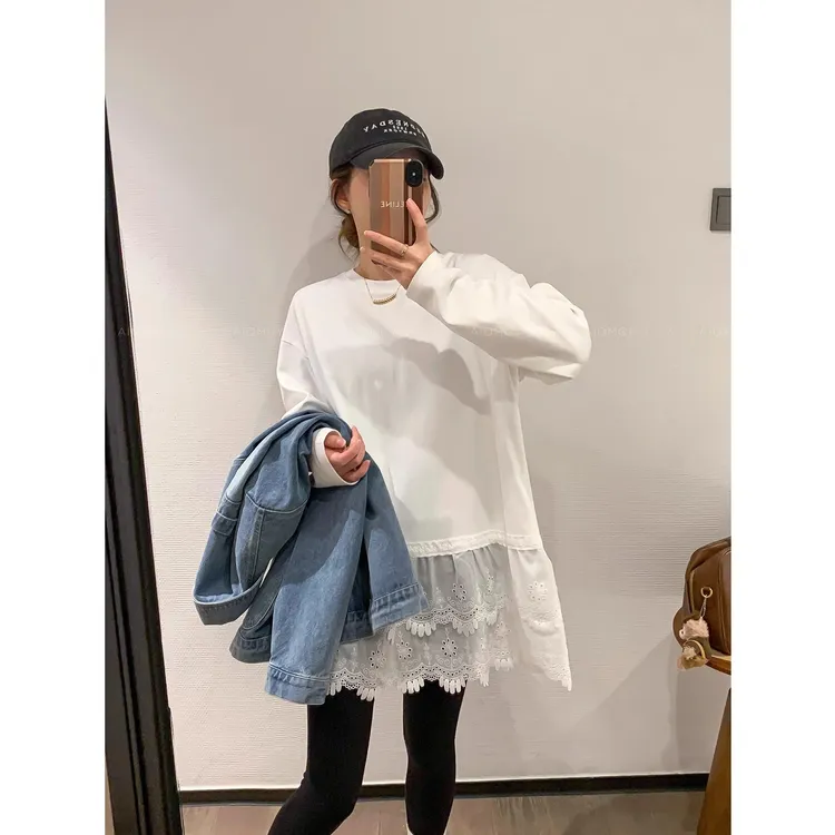 雪千羽大码胖MM拼接蕾丝长袖磨毛T恤女2025新款中长款内搭打底衫