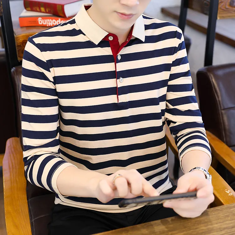 春秋棉质长袖T恤男士条纹polo衫休闲翻领体恤舒适透气保罗打底衫