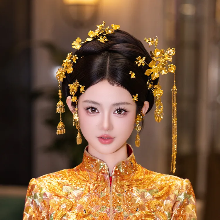 合金婚庆饰品 新娘龙凤褂发饰金色花朵流苏简约头饰套装品MT0106