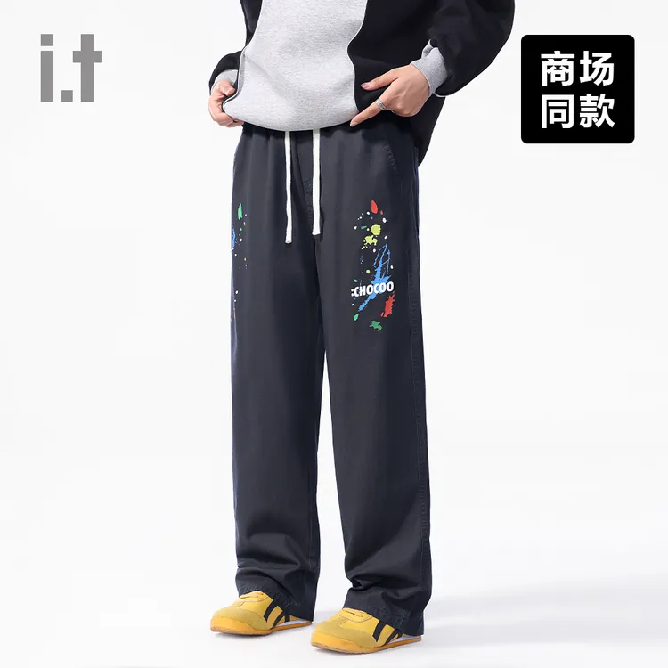 I.T潮牌CHOCOOLATE秋季复古深灰色印花休闲裤男女个性直筒长裤潮