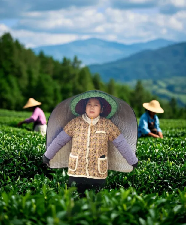 迷彩采茶斗笠帽防雨防晒遮阳披风一体防晒尖顶帽套隔热农村干农活