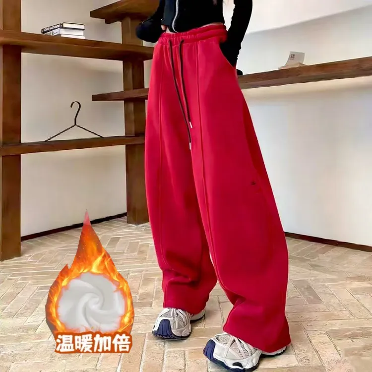 2511秋冬款加绒弯刀直筒裤运动时尚休闲裤宽松阔同款运动裤