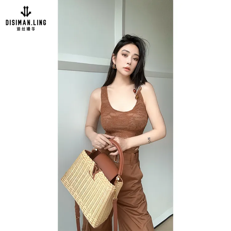 迪丝嫚苓咖色背心时尚气质通勤连体女士蕾丝修身原创设计小众优雅