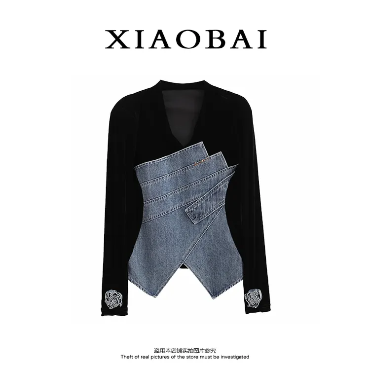 XIAOBAI 牛仔拼接T恤秋季新款设计感长袖通勤风重工小众修身上衣