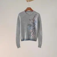 西子/羊绒羊毛重工刺绣针织圆领灰蓝色上衣/MSHJ159