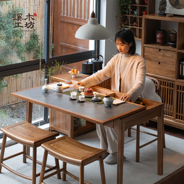推拉茶桌茶台一整套实木阳台小茶桌新中式新中式家具长茶桌干泡桌