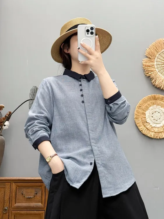 立领拼色千鸟格长袖显瘦气质宽松文艺时尚百搭复古设计感韩版4