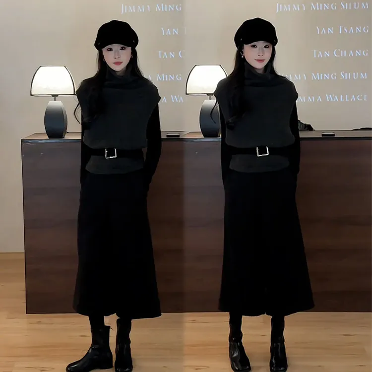 2025秋季新款设计感韩系极简风无袖马甲女打底衫休闲阔腿裤三件套