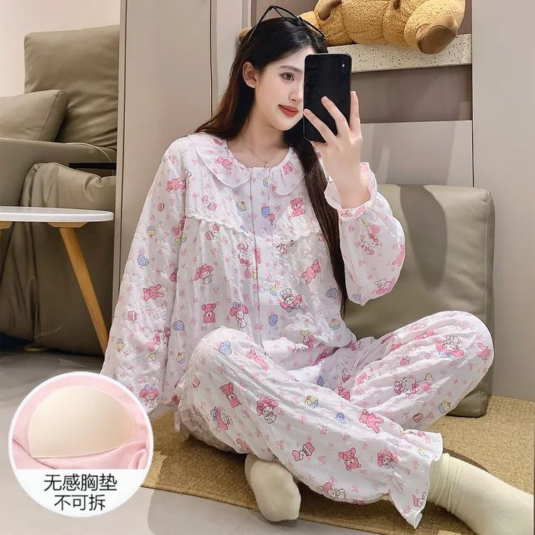 软绵绵云朵棉睡衣女春秋冬季长袖带胸垫2025新款卡通熊套装家居服