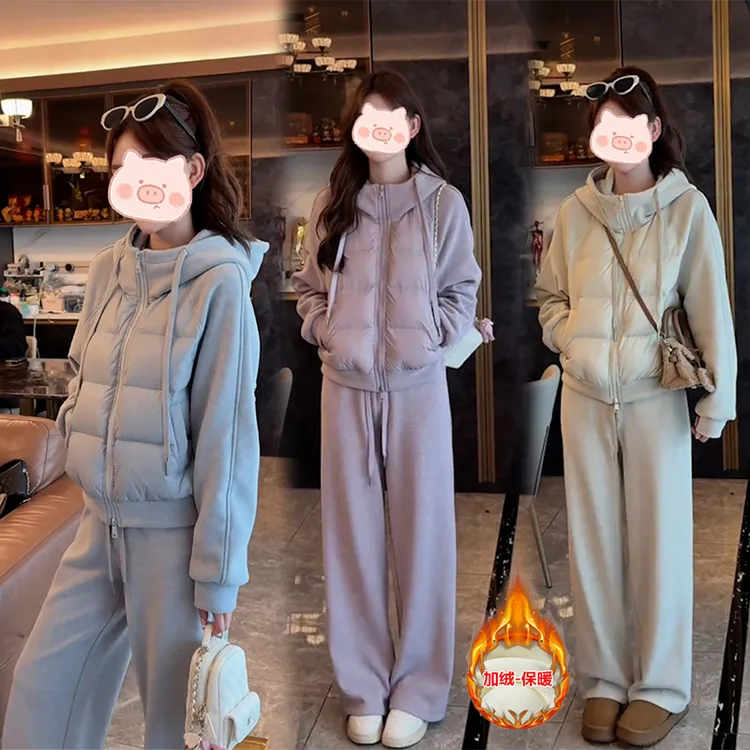 高级感洋气连帽棉服外套女冬季新款拼接保暖棉衣加绒休闲裤两件套