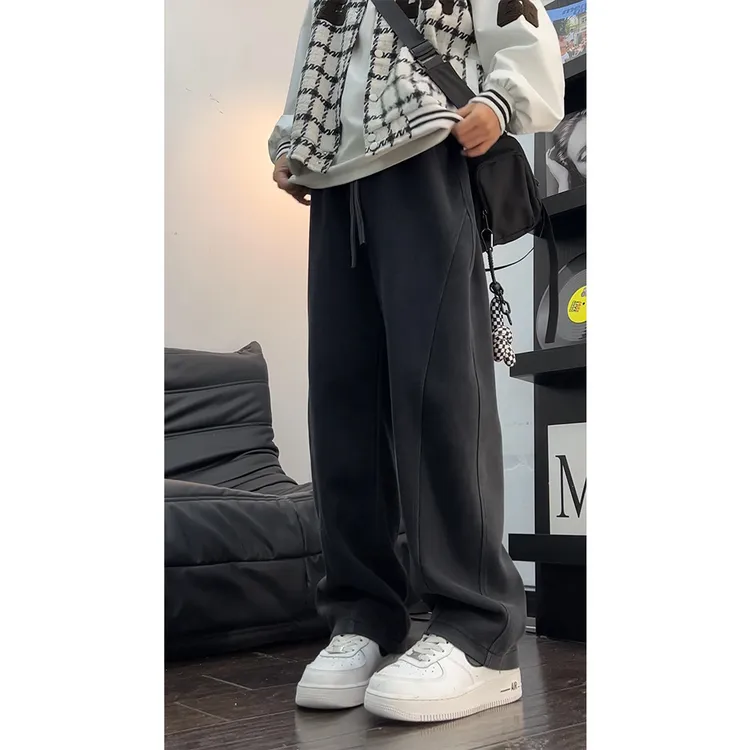 水洗磨白灰阔腿卫裤加绒男裤子垂坠感运动裤男弯刀直筒男裤休闲裤