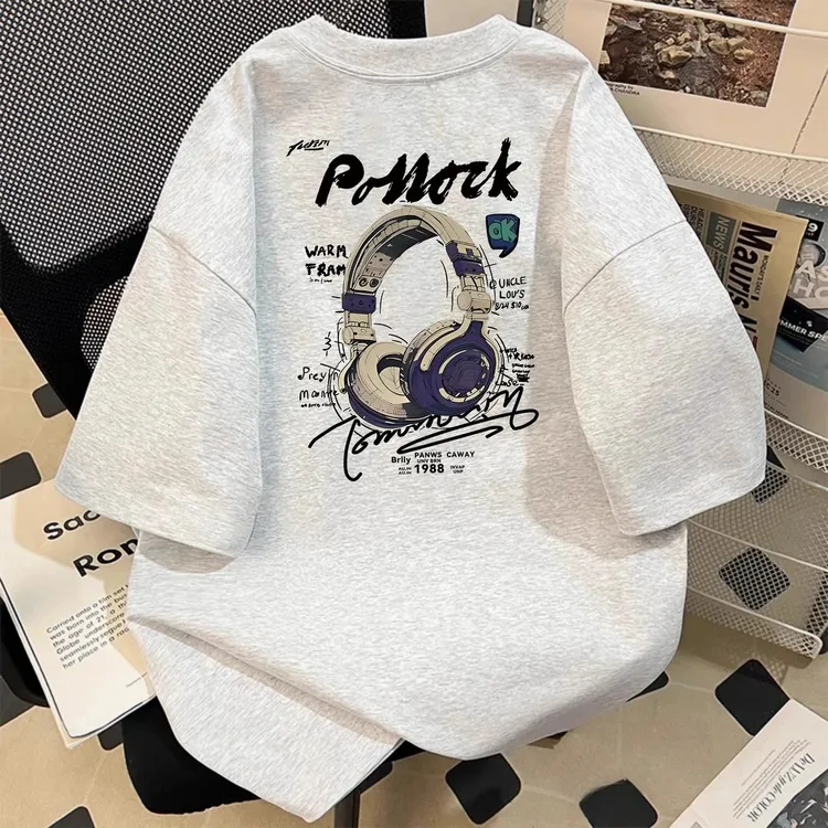 美式复古潮牌重磅纯棉短袖T恤男夏季新款耳机印花ins宽松圆领半袖