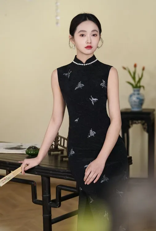 SYH【婉清】新中式国风旗袍改良年轻款少女气质蝴蝶提花黑色连衣
