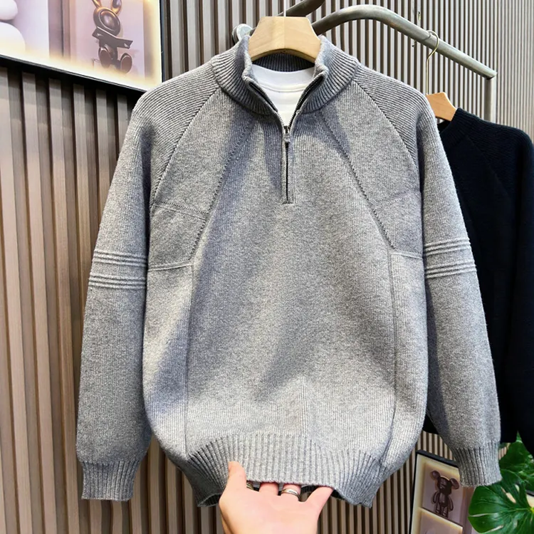 半高领拉链毛衣男秋冬季2025新款宽松套头纯色打底针织衫男生潮流