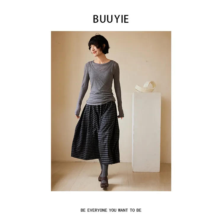 BUUYIE 25SS【幽篁】真两件羊毛天丝背心T恤底衫修身 250974