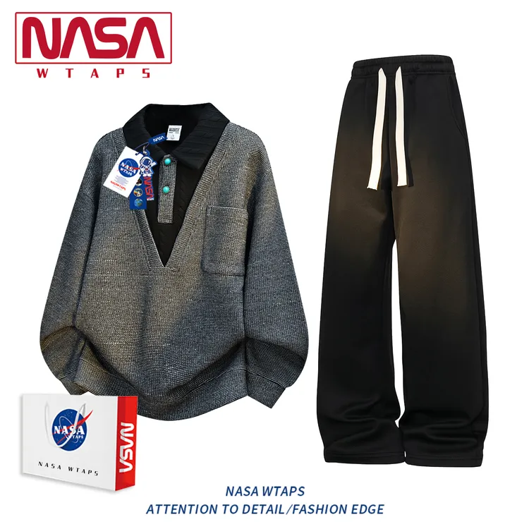 NASA WTAPS老钱风假两件卫衣套装男款秋冬季宽松休闲运动两件套男