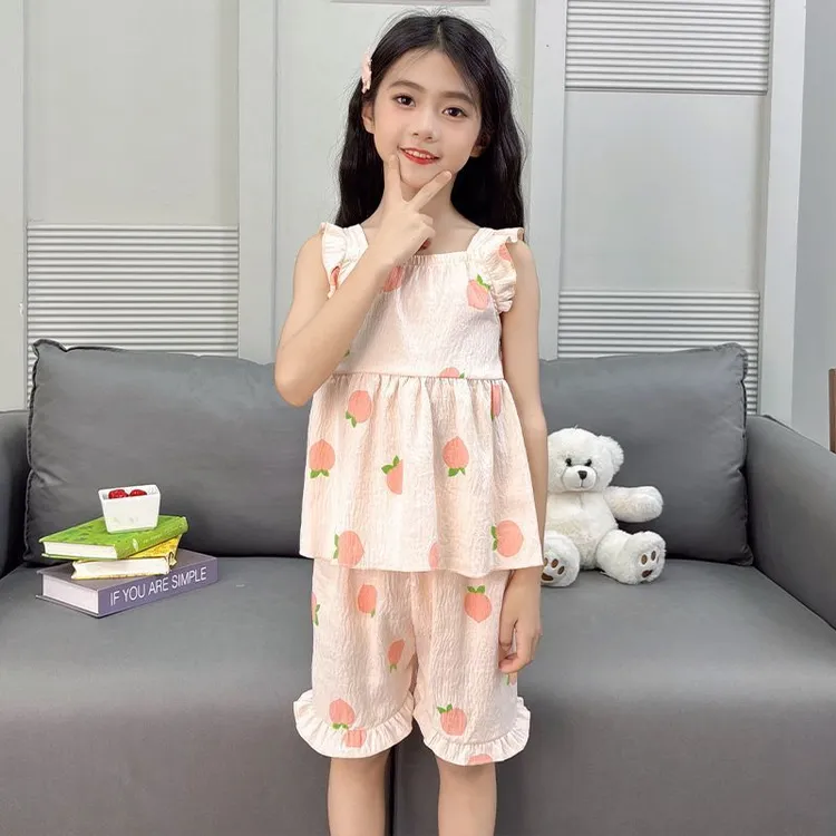 夏季新款儿童卡通吊带短裤云朵棉女孩可爱公主吊带睡衣家居服套装