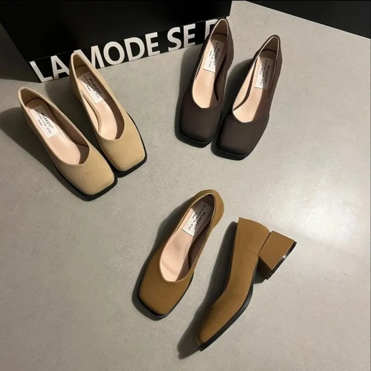 复古方头平底鞋女超软百搭简约浅口法式单鞋女软底奶奶鞋皮鞋