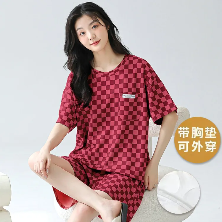 带胸垫一体睡衣女款夏季2025新款可外穿防走光薄款格子家居服套装