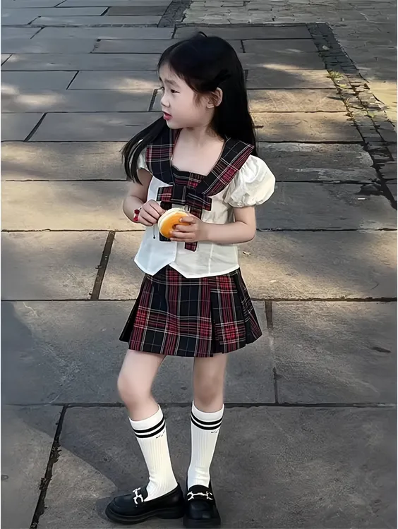 女童学院风jk制服套装夏季2025新款儿童宝宝格纹泡泡袖上衣百褶裙