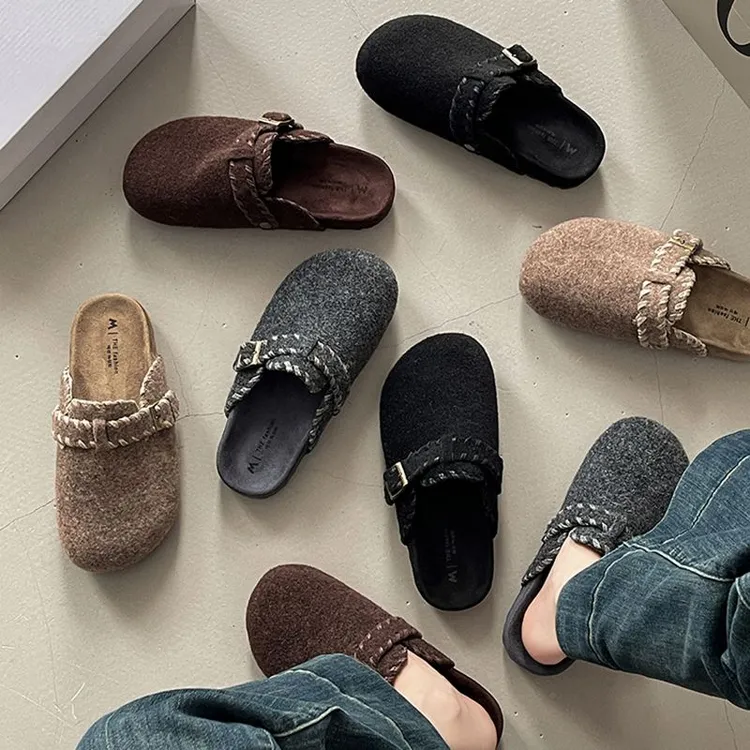 复古简约编织花边绒面做旧拖鞋女2025秋季新款外穿勃肯拖鞋包头拖