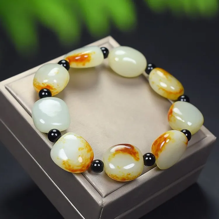 新疆和田玉黄皮随形玉手串男女款百搭白玉黄沁皮随形手串情侣