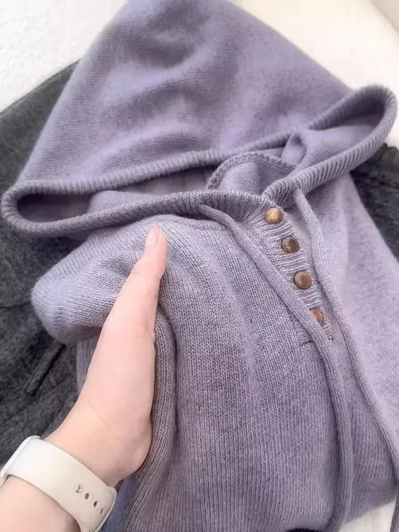 CHAO级推荐！气质高端连帽淡紫色毛衣女秋冬软糯慵懒风套头针织衫