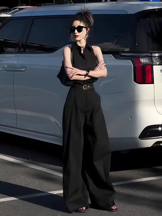 M158气质套装无袖衬衫上衣夏季休闲阔腿裤子两件套送腰带