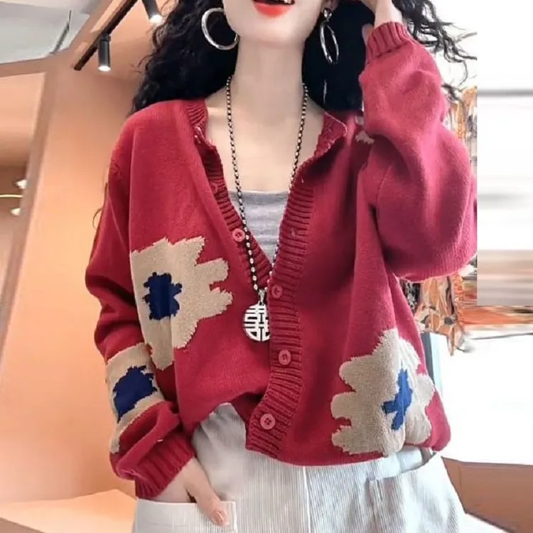 2025春秋季新款宽松文艺时尚休闲针织毛衣外套百搭开衫圆领上衣女