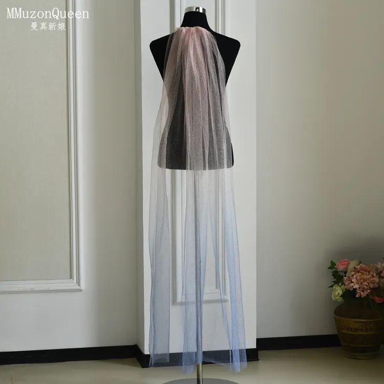 一件星光渐变色长款单层细闪新娘头纱派对装饰成人头纱M108