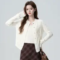杏色长袖针织开衫女春秋2025秋季新款圆领镂空薄毛衣外搭短款上衣