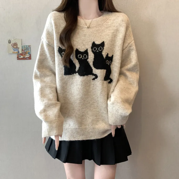 大码女装卡通猫咪圆领提花套头毛衣洋气秋冬胖MM宽松慵懒百搭上衣