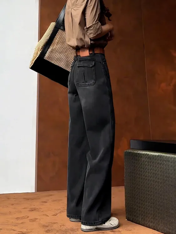 加绒直筒牛仔裤女2025年秋冬季新款梨型身材黑色显瘦高腰阔腿长裤