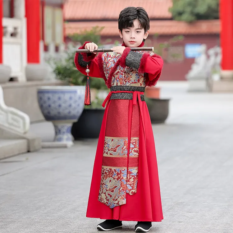 中国风男童儿童古装国学秋冬季古风帅气唐装演出服装6-12加绒加厚