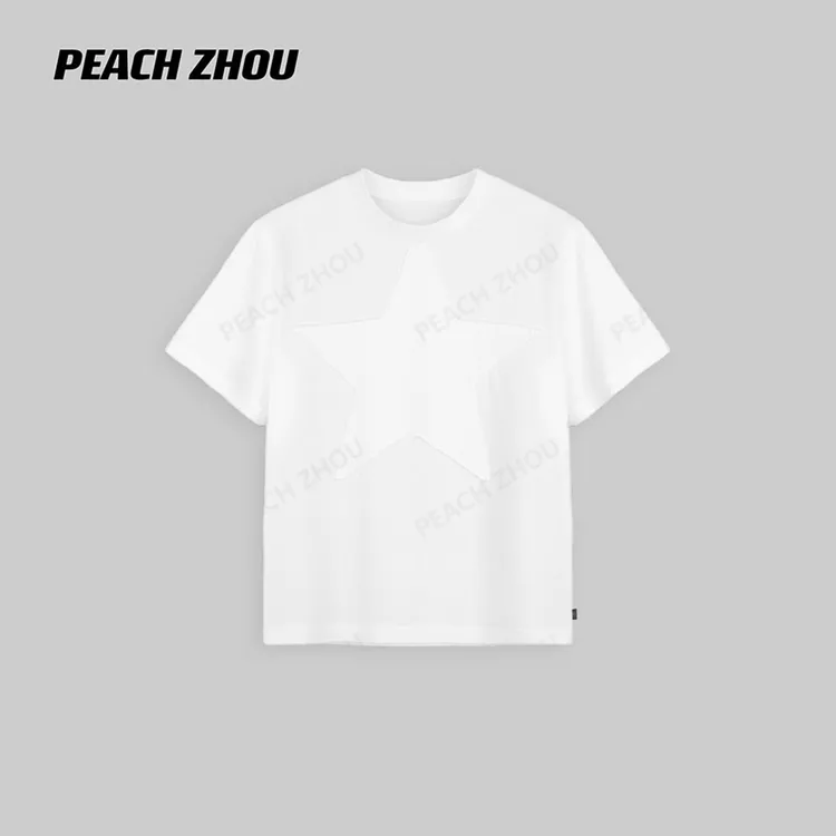 『PEACHZHOU』五角星贴布日历正肩合身小版型圆领短袖洋气休闲T恤女