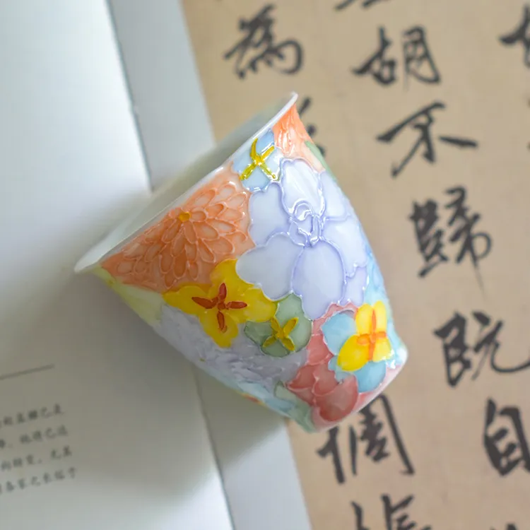 栖瓷语景德镇堆料手绘釉下彩拉线万花品茗杯主人杯单杯个人杯茶具